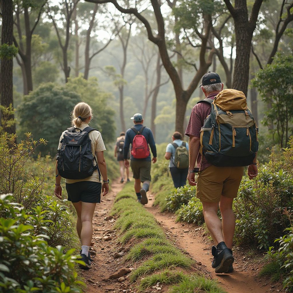 Adventure group hiking through Australian bushland
